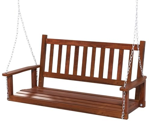 RELAX4LIFE 2/3 Seater Porch Swing Chair, Outdoor Swing Bench Loveseat with Adjustable Galvanized Metal Chains, Solid Wood Garden Patio Hanging Swing Seat for Balcony Yard Tree (Brown, 136 x 66 x 63cm)