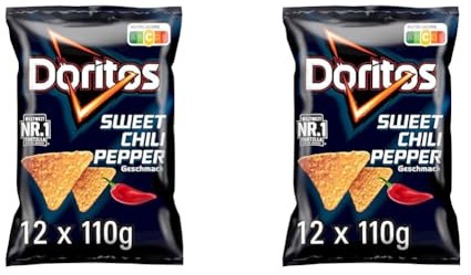 Doritos Sweet Chili Pepper - Tortilla Nachos mit süßem Chili-Geschmack - Herzhafter Snack zum Knabbern aus Mais (12 x 110g) (Verpackungsdesign kann abweichen) (Packung mit 2)
