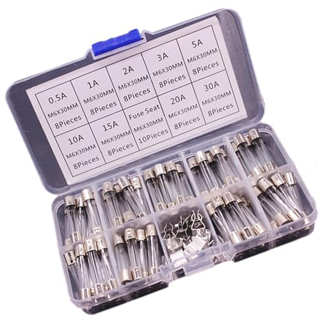 SHOOYIO 9 Werte, 72 Stück, träge Glasrohrsicherungen, Sortiment, 6 x 30 mm, 250 V, 0,5 A/1/2 A/3 A/5 A/10 A/15 A/20 A/30 A, Sicherungen, Glasrohr