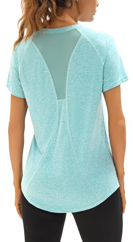 Wayleb Camiseta Deporte Mujer Manga Corta Holgada y Transpirable | Paneles de Malla Transpirable, Secado Rápido, Cuello en V, Para Yoga Running Fitness Entrenamiento Atlético