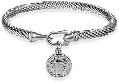 Cupimatch Armband Edelstahl Religiöse Armspange: Kabel Armreif Damen Herren Armband Exorzismus Heilige Schmuck Geschenk für Frauen Männer zu Geburtstag Valentinstag Silber