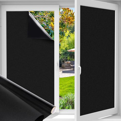Funfox Schwarz Fensterfolie Verdunkelungsfolie Blickdicht, Verdunklungsfolie für Fenster Selbstklebend Milchglasfolie Sichtschutz Dunkle Anti-UV Statische Abdunklungsfolie Schwarz 30 x 200cm