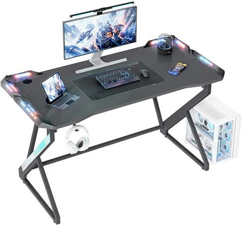 BEXEVUE Gaming Schreibtisch LED – 100x60 cm PC Gamer Tisch Ergonomischer, Z Rahmen mit Kohlefaseroberfläche Stabil, Einfach zu Montieren, Kopfhörerhaken für Gaming Studium Arbeit Zuhause Schlafzimmer
