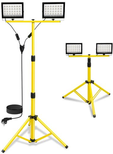 T-SUN 11,000LM Projecteur LED sur Trépieds, 2 x 60W Projecteur de Chantier, Lampes de Travail à LED avec Trépied Télescopique en Métal Réglable, Rotation à 360 °, Câble 4M, Étanche IP66