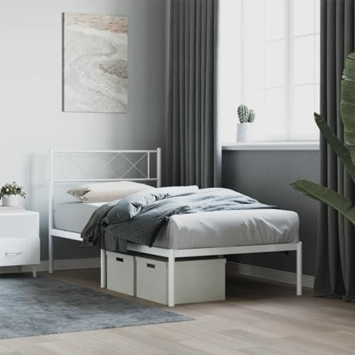 Iiaky Bettgestell mit Kopfteil Metallbett Bed Frame Bettgestell Bettrahmen Kopfteil Bett Tagesbett Metall Weiß 90x190 cm - 372318
