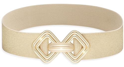 MESU Frauen Breite Stretch Gürtel Taille Elastischer Bund für Kleider Beige Mit Goldener Schnalle 75cm