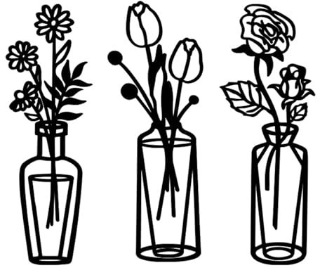 aiyraa 3 PCS Black Metal Flower Wall Art, Black Tulip Wire Iron Decor, Wall Decoration Artwork, Elegant Flower in Vase Wire Wall Hanging Decor for Kitchen and Living Room, Bedroom, Patio, and Balcony