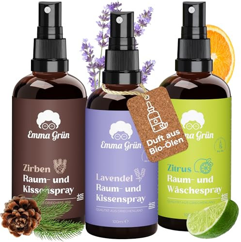 Emma Grün® Raumspray & Kissenspray Set 3x 100ml [BIO-QUALITÄT] - Ätherische Öle Geruchsneutralisierer - Für Auto Duft, Raumduft - Mit Bio Lavendelöl & Bio Zitronenöl
