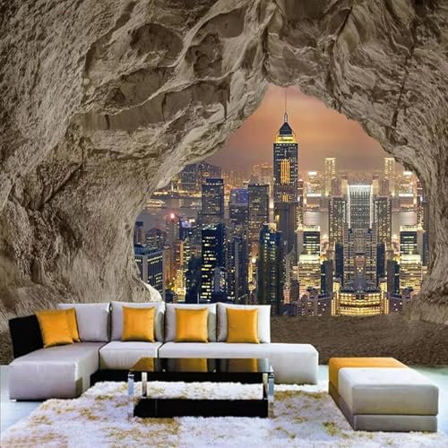 MIXUEXUNLU Mural Wallpaper 3D Creative cave Stone Wall City Night View Photo Poster Living Room Bedroom Background Home Decoration