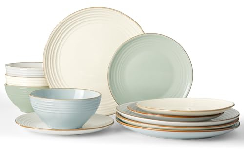 Richmount Jupiter Plates and Bowls Set, Reactive Glaze Dinner Set for 4, 12 Pieces Stoneware with Gold Rim, Scratch Resistant Dinnerware Service for 4, Microwave & Dishwasher Safe, Multi-Color