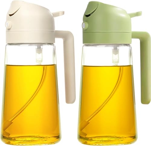 Distributeur d'huile 2 en 1 en verre anti-goutte avec diffuseur d'huile de cuisine et doseur 470 ml pour friteuses à air et cuisines (blanc, vert)