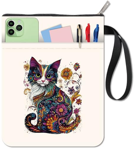 CRASPIRE Katt bokskydd tyg bokfodral 28 x 20 cm bokhållare fodral dragkedja framficka tvättbart tyg bokskydd påse för pocketböcker inbunden läroböcker anteckningsböcker läsare