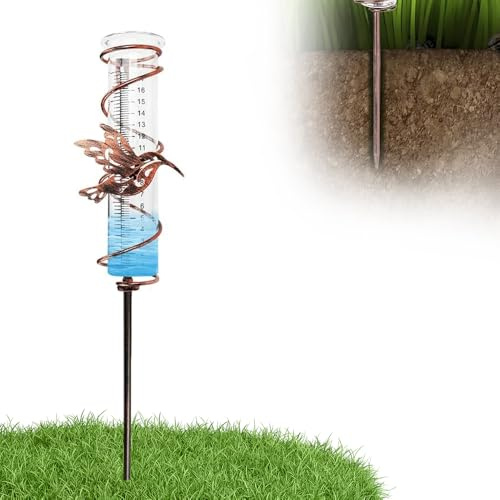 SKIKHN Regenmesser für Garten, Outdoor Regenmesser Glas Regenwassermesser, Regenmesser mit Erdspieß Metall, Metall Vogel Wassermengenmesser für Rasen, Terrasse, Feldern, Innenhöfen