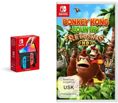 Nintendo Switch-Konsole (OLED-Modell) Neon-Rot/Neon-Blau & Donkey Kong Country Returns HD