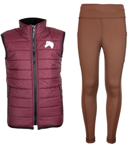 MS-Trachten Reitset Winter Kinder Reitweste Moni Maroon gesteppt mit Reitleggings Amy Braun (134/140)