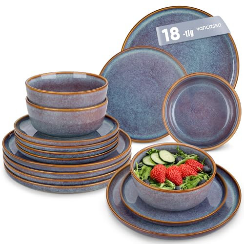 vancasso Playa Dinner Sets for 6 People, 18 Pieces Stoneware Plates and Bowls Set, Scratch Resistant Dinnerware Sets for Everyday Dining, Dishwasher and Microwave Safe, Lavender Blue