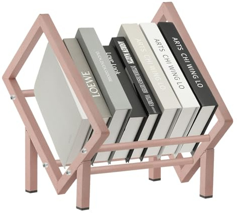 PATIKIL 11.8 Tabletop Bookshelf, Desktop Bookshelf Small Table Top Book Shelf Stainless Steel Bookcase Book Storage Organizer Rack for Desk Books Vinyl Record Holder Magazine, Rose Gold