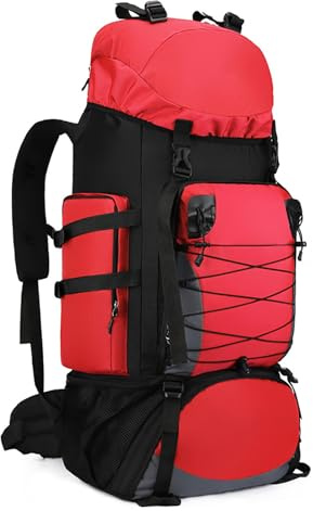 Kabxhueo Wanderrucksack 80L - 90L Wasserdichter Trekkingrucksack Für Herren Damen Reiserucksack Outdoor Wandern Rucksack Backpacker Rucksack Für Wandern Bergsteigen Camping Reisen Sport,Rot