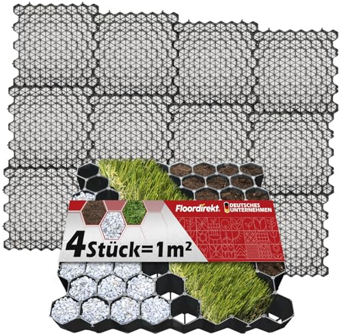Floordirekt Rasengitter aus Kunststoff befahrbar 1m² - 4 Stück - 50 x 50 cm, schwarz - Bodengitter, Paddockplatte, Rasenwaben, Bodenwaben, Rasengitterplatten, Kiesgitter, Rasengittersteine