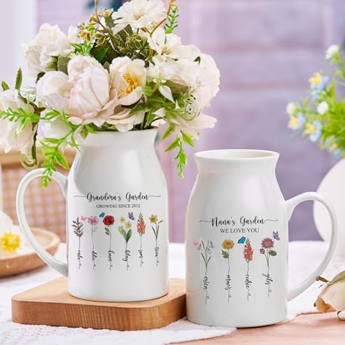 Thinocusty Personalisierte Keramikvase zur Geburt – individuell für Mama und Oma, Blumenvase mit Familiennamen, einzigartige Heimdekoration mit Griff, Omas Gartendekoration mit Kindernamen