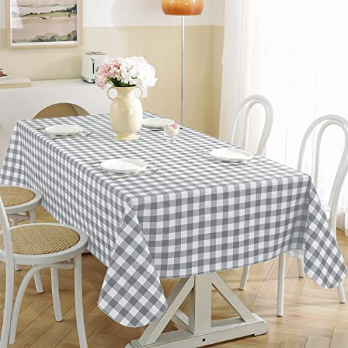 SASTYBALE Buffalo Plaid PVC Table Cloth With Flannel Backed Rectangle 52 x 70 Inch, Dust & Heat Resistant Checkered TableCloth, Plastic Table Cover for Dining, Party, Indoor, Outdoor, Grey and White