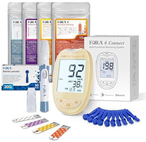 FORA 6 Connect | 4-in-1 Blutzucker-, Keton-, Cholesterin-, Harnsäure-Messgerät | Für die Selbstanwendung zu Hause | Bluetooth & App | Inkl. Teststreifen & Zubehör, Gelb