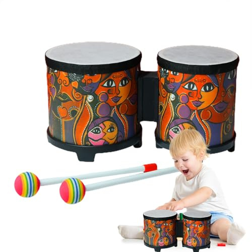 Drum bongo - tamburo a mano in legno professionale con teste a doppio tono, percussione musicale classica | Frago per adulti e bambini, strumento folk compatto con battitori, giocattolo di prat