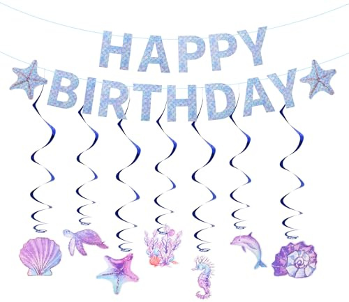 Pumwoy Mermaid Happy Birthday Banner with Hanging Swirl Streamer, Mermaid Birthday Decorations, Seashells, Starfish, Seahorses, Under The Sea Party Decorations, Happy Birthday Bunting