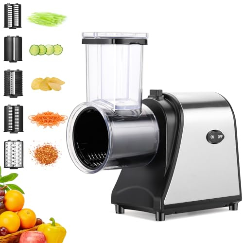 Affettatrice elettrica per verdure 250 W, Taglia Verdure Grattugia 5 in 1 con ampia bocca di riempimento, Mandolina multifunzionale per frutta, verdura e formaggio