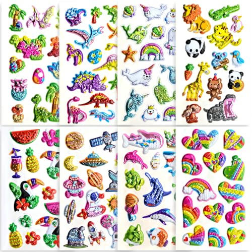 Meafeng Glitzer Sticker, 3D Aufkleber für Kleinkinder, Geschwollene Aufkleber mit Dinosaurier, Pandas, Herzen, Ozean, Weltraum, Seelöwen Motive für Partys, Geschenke