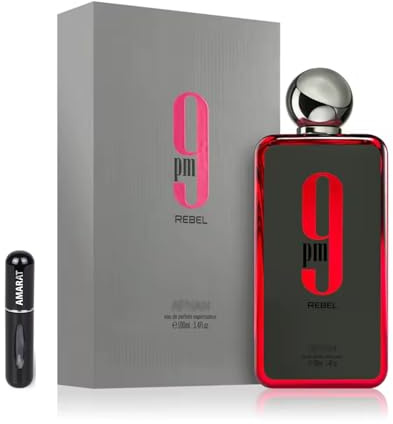 Perfume 9 PM Rebel Eau de Parfum 100 ml, Perfume Árabe Masculino de Larga Duración, Incluye Atomizador Recargable, Fragancia Dulce y Afrutada con Manzana Roja, Lavanda, Ámbar y Vainilla (9 PM Rebel)