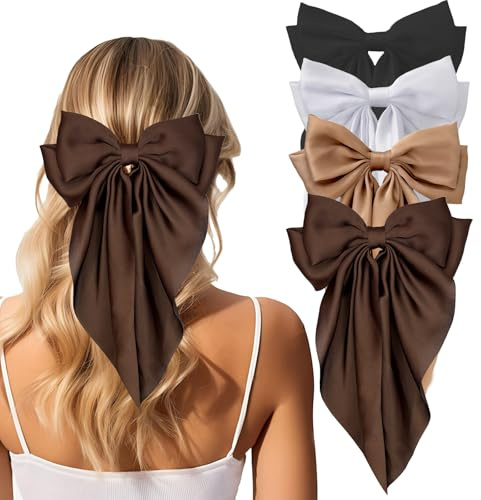 Haarschleifen für Damen, 4 Stück große Haarspangen mit Schleife und langem Schwanz, übergroße Schleifenklammern aus seidigem Satin, große Haarspangen, süße Haaraccessoires für Damen