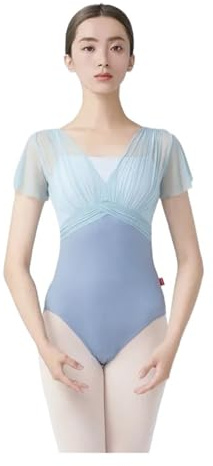 XUMKFJRE Ballett-Trikot Für Damen, Tanz-Trikot Aus Nylon, Kurzärmelig, Mit Falten, Zweiteilig, Brustpolstern(Blue,M 160cm to 165cm)