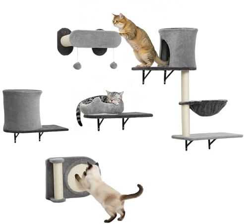 PawHut Étagères Murales pour Chat 5 Pièces 2 Niches jusqu'à 5 kg Gris | Ensemble de Meubles, Arbre à Chat Mural, Hamac, Plateformes, Griffoirs en Sisal, pour Chatons d'Intérieur