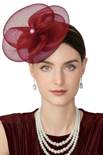 BABEYOND Fascinator-hatt för kvinnor nätblommor pannband hattar, elegant huvudbonad med hårklämma för bröllop damer race day, cocktailparty, vinröd, one size