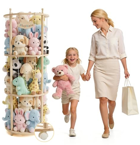 Eirolace Kuscheltier Aufbewahrung, Holz Stofftier Aufbewahrung Mit 360°Bremse-Ausgestattete Räder, Gummibändern, Raumsparende Plüschtier Spielzeug Organizer für Spielzimmer & Schlafzimmer(Runden)