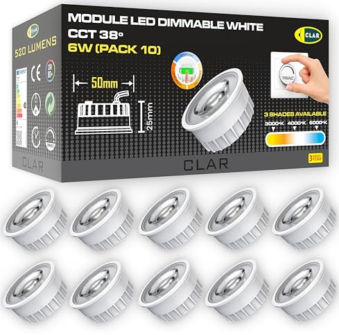 CLAR - Faretti LED Soffitto Interno, Modulo LED Ultra Slim Dimmerabile 6W, Selettore di Tonalità, Fascio 38° (Pack 10)