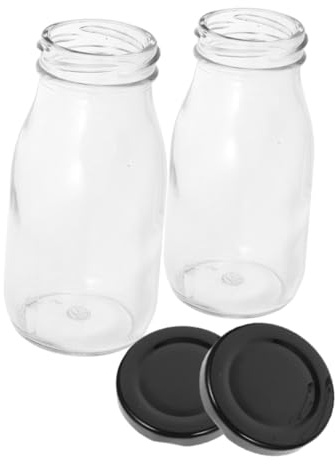 ELAYARD Botellas de Leche de Vidrio Reutilizables 2 Piezas 200 Ml con Tapas Metálicas Herméticas para Almacenar Yogur, Jugo y Bebidas, Envases Prácticos y Sostenibles para Uso Doméstico