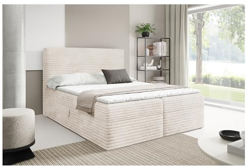 MEBLINI Boxspringbett mit Bettkasten - 120x200 - H4/Creme Cordstoff - Talia - Gepolstert Doppelbett mit Matratze und Topper - Polsterbett mit Stauraum - Bett mit Kopfteil - Stauraumbett