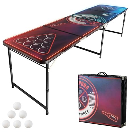 VEVOR Table de Beer Pong 240 cm Table de Jeu à Boire avec Éclairage LED, pour Bière-Pong Fête Partie Camping Pique-Nique Avant-matchs Jardin, Pliante, Hauteur Réglable, avec Poignées et 6 Balles