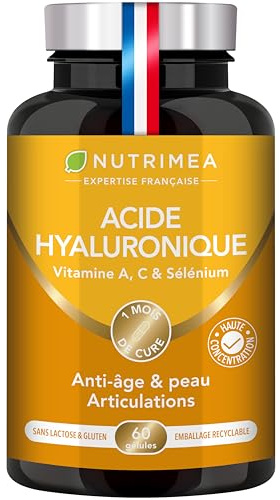 ACIDE HYALURONIQUE - Avec Collagène Marin - 100% Pur - Riche en Vitamines A & C - Anti Rides, Anti Age & Articulations - Agit en Profondeur - 60 Gélules Vegan - Nutrimea - Fabriqué en France