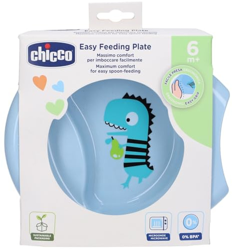 Chicco Plato de Comida Papilla Fácil, plato para niños pequeños con base antideslizante, diseño ergonómico, plato de destete, 6M+, bebé, Azul celeste