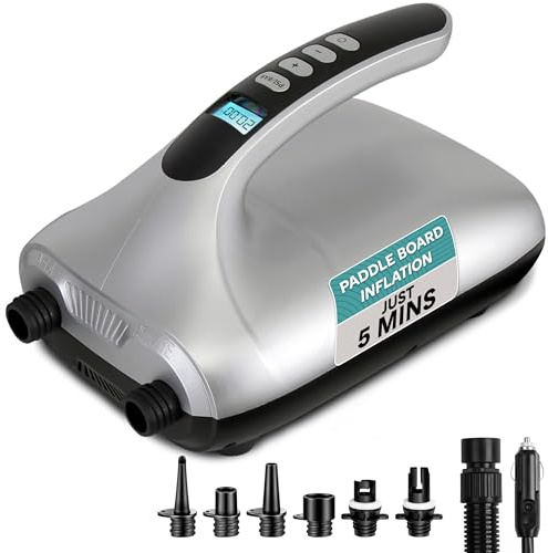 SereneLife Electric Paddle Board Pump - Portable 20 PSI Dual-Stage Air Compressor for Super Fast Inflation and Deflation, Auto-Off, LCD Display and 12V Car Connector - for SUP, Boats & Inflatables