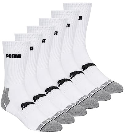 PUMA mens 6 Pack Crew running socks, White/Grey, 13-Oct US