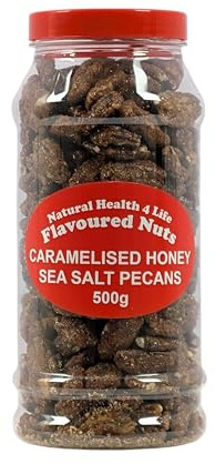 Natural Health 4 Life Caramelised Honey Salted Pecan Nuts 500g, Dairy & Gluten Free, Source of Protein and Fibre, Caramelised Snack Nuts in Recyclable Gift Jar with Screw Lid (1 Jar)