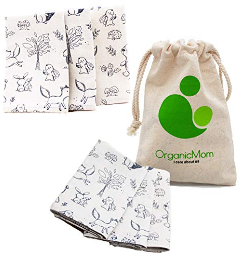 OrganicMom, 3 fazzoletti per bambini cuciti a mano, in cotone biologico, con sacchetto di stoffa/fazzoletti lavabili in tessuto biologico/GOTS/Made in Austria, grigio chiaro (motivo animali), 1 stück