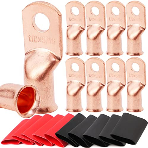 TKDMR 10pcs 1/0 AWG-5/16 Battery Lugs,Copper Wire Lugs,UL Listed Heavy Duty Battery Cable Ends,Tubular Ring Terminals,AWG Crimp Wire Ring Lugs,Battery Terminal Connectors with 3:1 Heat Shrink Tubing