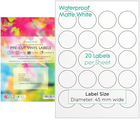 Evergreen Goods runde, vorgeschnittene Aufkleber, wasserfest, 45mm Ø (20 Etiketten pro Blatt, insgesamt 200) 10 Blatt | Tintenstrahl-Laserdrucker, selbstklebend, Vinyl | 20 pro Blatt, insgesamt 200 Sticker, für Inkjet und Laserdruck, vorgeschnitten, matt | selbstklebend rund