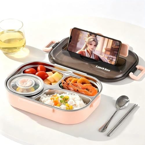 Tissting Fiambrera Bento 4 Compartimentos 1.3L con Aislante, Incluye Bolsa Térmica, Cubiertos, Tazón de Sopa y Bandeja Acero Inoxidable Desmontable (Rosa)