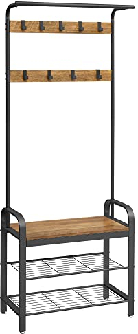 VASAGLE Garderobenleiste Flur Baum mit Schuhbank für Eingangsbereich, Eingangsbank mit Garderobenleiste 4 in 1, mit 9 abnehmbaren Haken, einer Hängestange, 13,3 x 28,3 x 72,1 Zoll, rustikale Walnuss und schwarz UHSR040B 41 EU